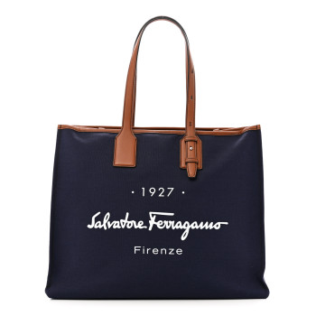 SALVATORE FERRAGAMO Canvas 1927 Signature Tote Navy Brown