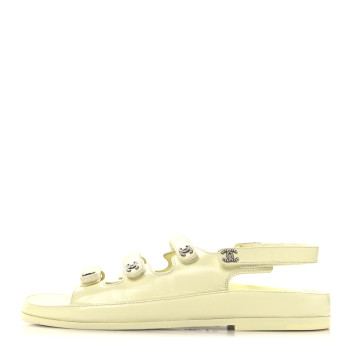CHANEL Lambskin Crystal CC Velcro Dad Sandals 39.5 Light Yellow