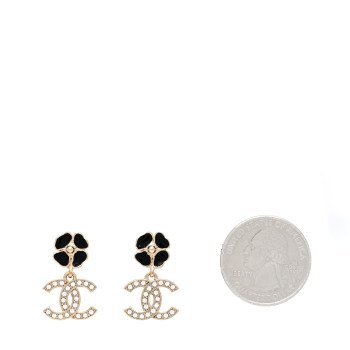 CHANEL Crystal Resin Camellia CC Drop Earrings Gold Black
