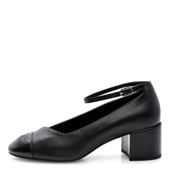 CHANEL Lambskin Cap Toe Mary Jane Pumps 38 Black