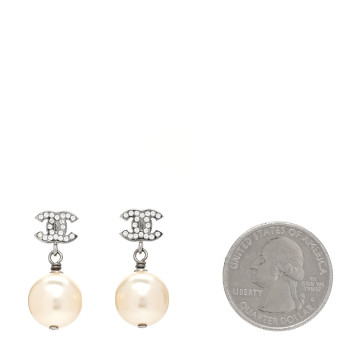 CHANEL Crystal Pearl CC Drop Earrings Silver Pearly White