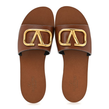 VALENTINO GARAVANI Grainy Cowhide Vlogo Flat Slide Sandals 39.5 Cuoio