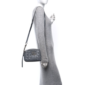 GUCCI Calfskin Matelasse Aria Small GG Marmont Chain Shoulder Bag Deep Grey