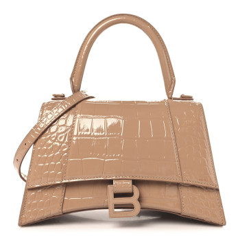 BALENCIAGA Shiny Calfskin Monochrome Crocodile Embossed Small Hourglass Top Handle Bag Nude Beige
