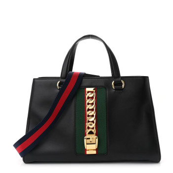 GUCCI Calfskin Large Sylvie Top Handle Tote Black