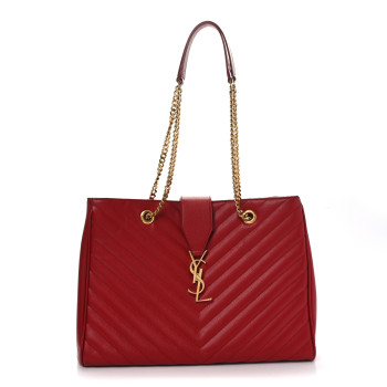 SAINT LAURENT Grain De Poudre Matelasse Chevron Large Monogram Shopping Bag Red
