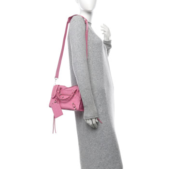 BALENCIAGA Shiny Supple Calfskin Crocodile Embossed Classic Silver Hardware Mini City Baby Pink
