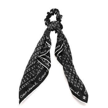 CHANEL Silk CC Twilly Hair Tie Black White