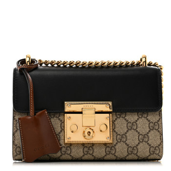 GUCCI GG Supreme Monogram Calfskin Small Padlock Shoulder Bag Beige Black Cuir