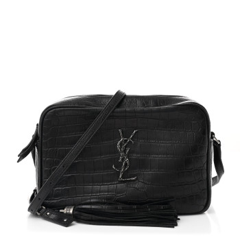 SAINT LAURENT Calfskin Crocodile Embossed Monogram Lou Camera Bag Black