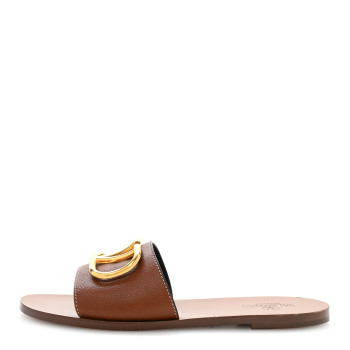 VALENTINO GARAVANI Grainy Cowhide Vlogo Flat Slide Sandals 39.5 Cuoio