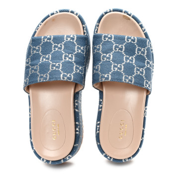 GUCCI New Denim GG Monogram Angelina Platform 55mm Slide Sandals 36.5 Blue Tea