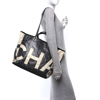 CHANEL Coated Canvas Camellia Medium Shopping Tote Black Beige