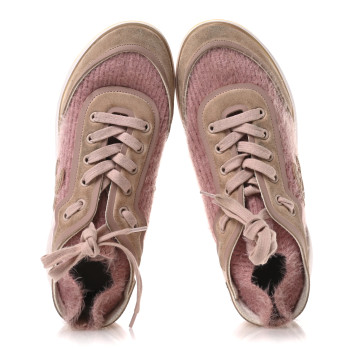 CHANEL Suede Calfskin Stretch Fabric CC Sneakers 38.5 Pink