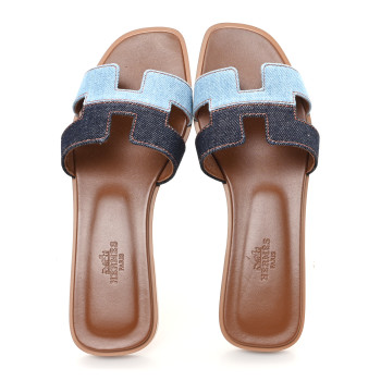 HERMES Denim Canvas Oran Sandals 37.5 Bleu Brut Bleu Clair