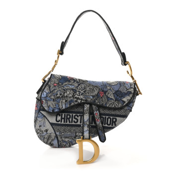 CHRISTIAN DIOR Canvas Embroidered Jardin Magique Saddle Bag Denim Multicolor