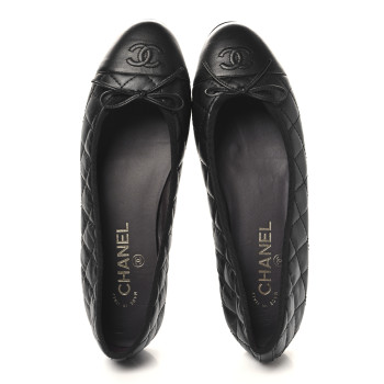 CHANEL Aged Calfskin Quilted CC Cap Toe Ballerina Flats 39 Black