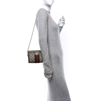 GUCCI GG Supreme Monogram Textured Dollar Calfskin Web Mini Ophidia Chain Shoulder Bag Beige Ebony New Acero