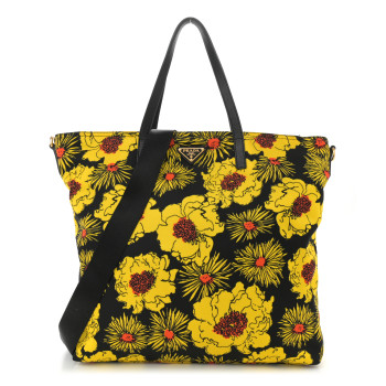 PRADA Tessuto Nylon Saffiano Floral Print Tote Giallo