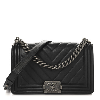 CHANEL Caviar Chevron Quilted Medium Boy Flap Black