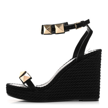 VALENTINO GARAVANI Suede Calfskin Roman Stud Espadrille Wedge Ankle Wrap Sandals 38 Black
