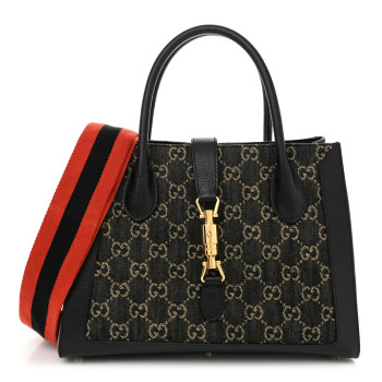 GUCCI Jacquard Black Denim GG Monogram Textured Dollar Calfskin Medium Jackie 1961 Tote Black Ivory