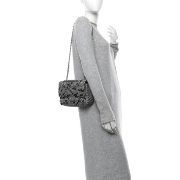CHANEL Canvas Sequin Stripe Medium Double Flap Black White