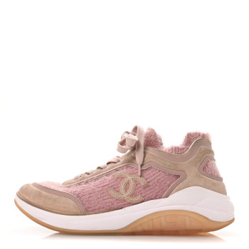 CHANEL Suede Calfskin Stretch Fabric CC Sneakers 38.5 Pink