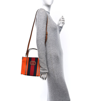 GUCCI Canvas Calfskin Web Mini Interlocking G Top Handle Tote Vibrant  Orange Hazel Brown