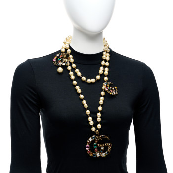 GUCCI Crystal Pearl Double G Necklace Aged Gold Multicolor