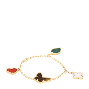 VAN CLEEF & ARPELS 18K Yellow Gold Mother of Pearl Malachite Carnelian Tiger Eye 4 Motifs Lucky Alhambra Bracelet
