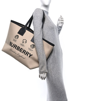 BURBERRY Cotton Canvas Calfskin Heritage Print Large Tote Beige