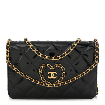 CHANEL Patent Quilted Chain Around Heart Wallet On Chain WOC Black