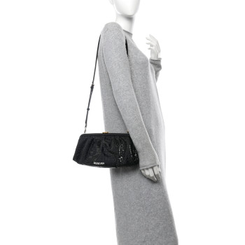 BALENCIAGA Shiny Supple Calfskin Logo Crocodile Embossed XL Cloud Clutch Black White