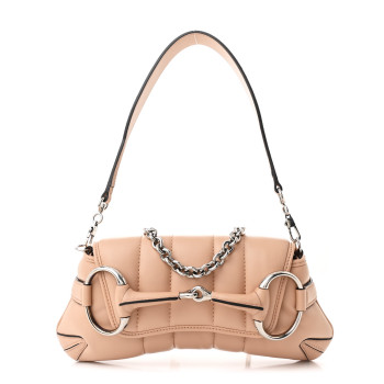 GUCCI Nappa Vertical Matelasse Small Maxi Horsebit Chain Shoulder Bag Beige