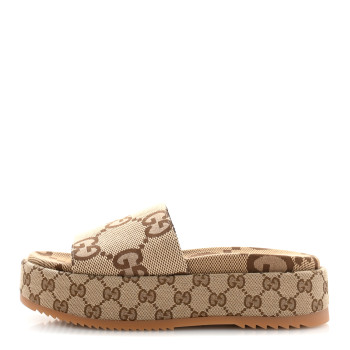 GUCCI Monogram Maxi GG Angelina Platform 55mm Slide Sandals 39 Camel Ebony