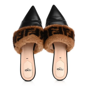 FENDI Calfskin Mink Fur FF Flat Mules 38.5 Black
