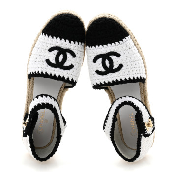 CHANEL Braided Knit Cap Toe CC Ankle Strap Espadrilles 39 White Black