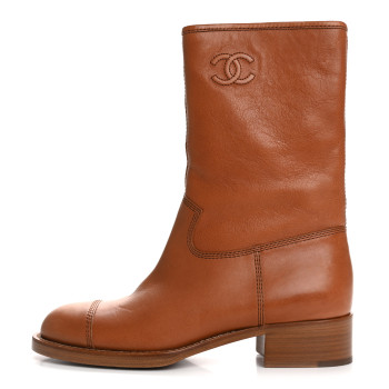 CHANEL Calfskin CC Logo Mid Calf Boots 38.5 Caramel