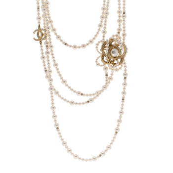 CHANEL Pearl Crystal CC Camellia Multi Strand Necklace Gold White