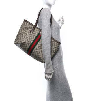 GUCCI GG Supreme Monogram Textured Calfskin Web Medium Ophidia Shopping Tote Beige Ebony New Acero