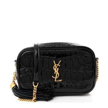 SAINT LAURENT Patent Calfskin Crocodile Embossed Monogram Mini Lou Camera Bag Black