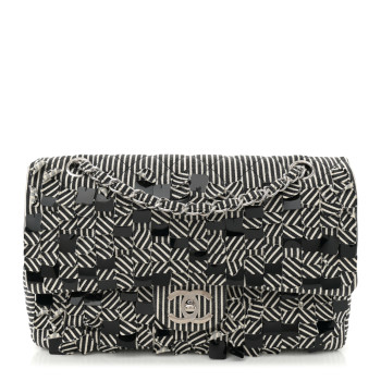 CHANEL Canvas Sequin Stripe Medium Double Flap Black White