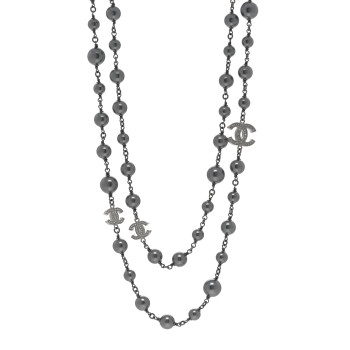 CHANEL Crystal Pearl Beaded CC Long Necklace Ruthenium