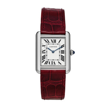 CARTIER Stainless Steel Alligator 24mm Tank Solo Quartz Watch Burgundy