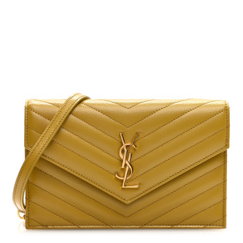 SAINT LAURENT Grain De Poudre Matelasse Chevron Monogram Envelope Chain Wallet Saffran