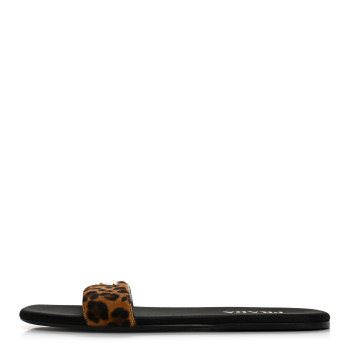 PRADA Calf Hair Leopard Print Metal Triangle Logo Flat Slide Sandals 40 Miele