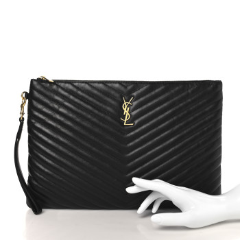 SAINT LAURENT Calfskin Matelasse Chevron Monogram Document Holder Black