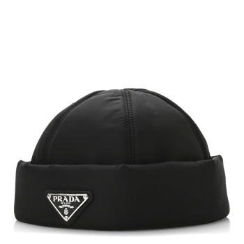 PRADA Re-Nylon Padded Metal Triangle Logo Mens Beanie M Black
