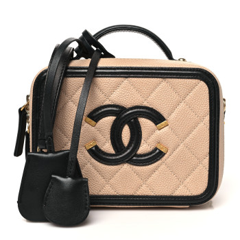 CHANEL Caviar Quilted Small CC Filigree Vanity Case Beige Black